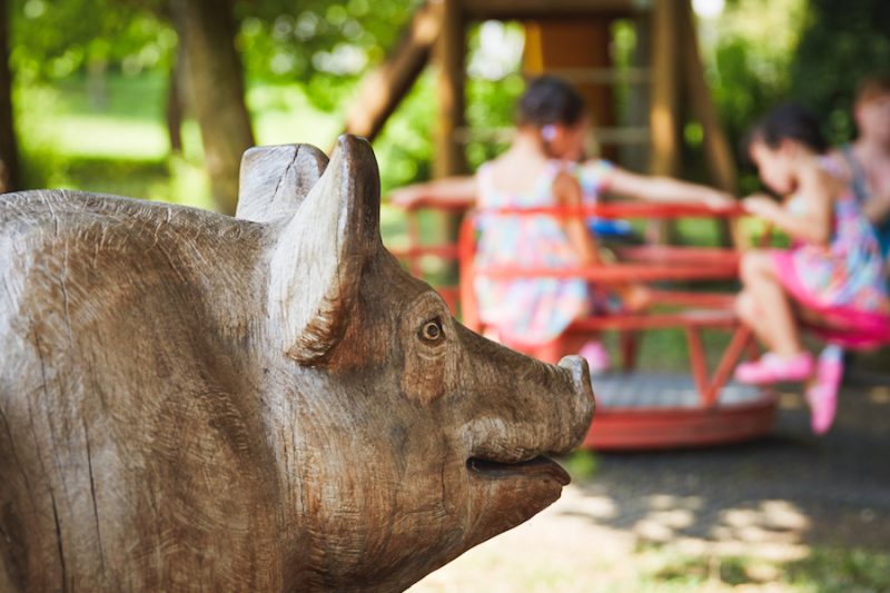 Detailfoto eines Holzschweins am Spielplatz des Landgasthof Bachlerhofs in Kematen an der Ybbs (Niederösterreich)